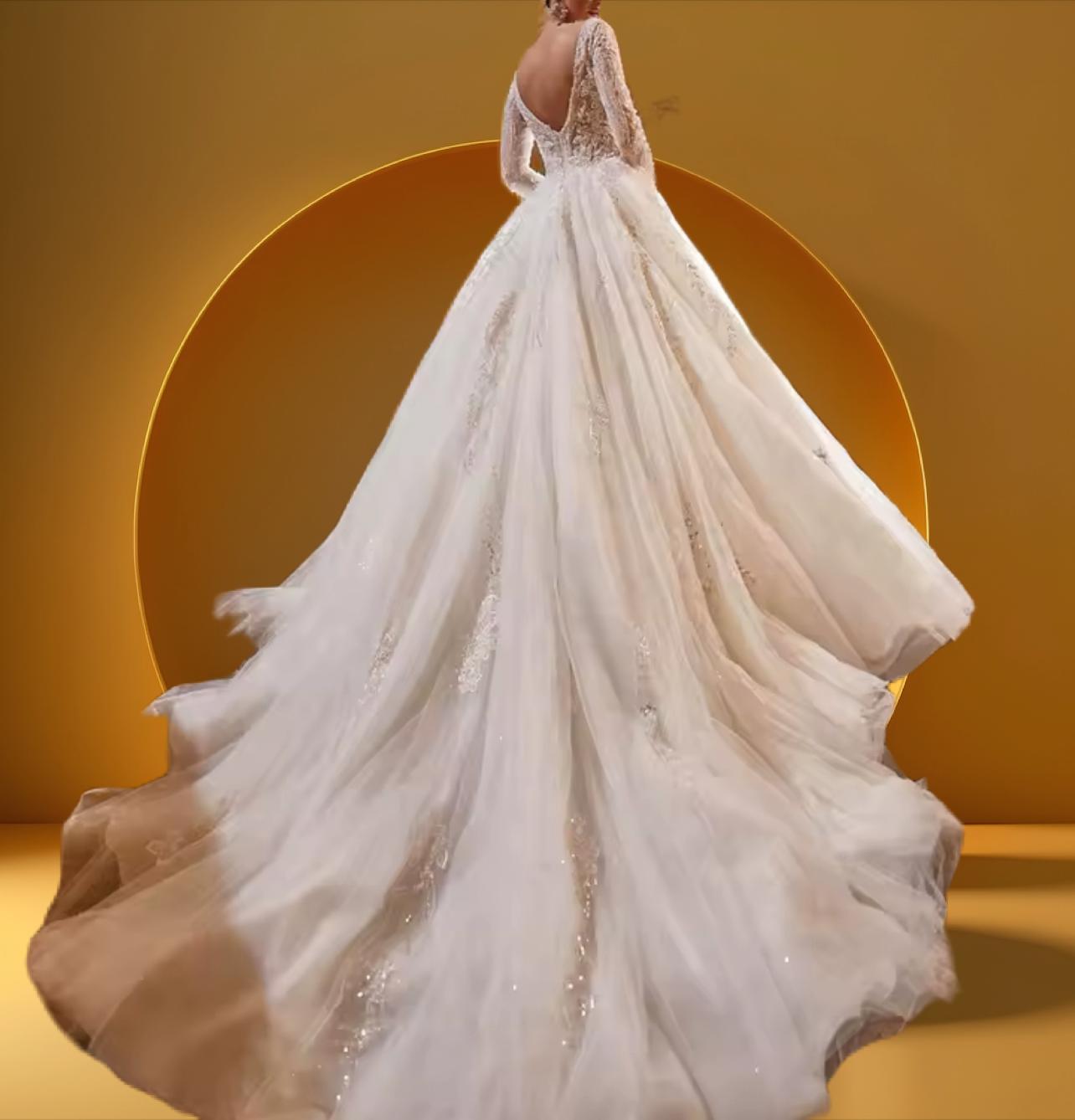 Elegant long train beaded bridal gown