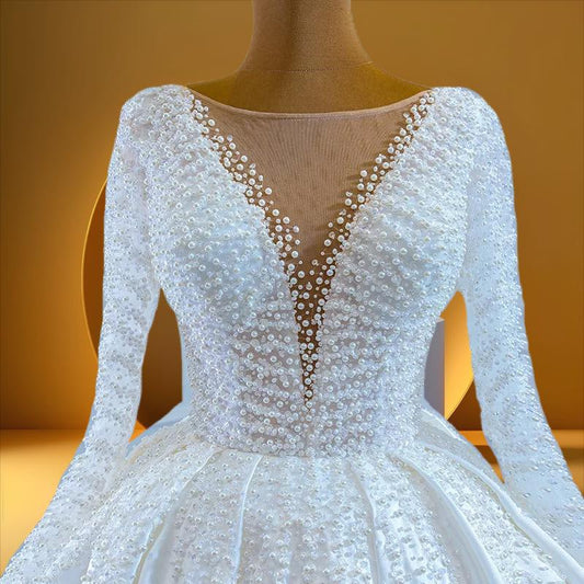 Elegant satin pearls bridal gowns