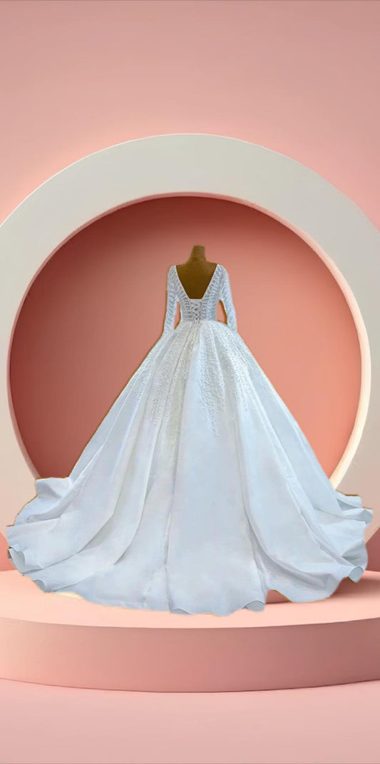 Elegant long sleeve satin pearls bridal gown
