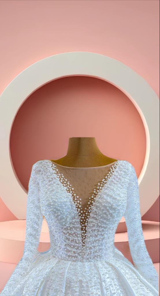Elegant long sleeve satin pearls bridal gown