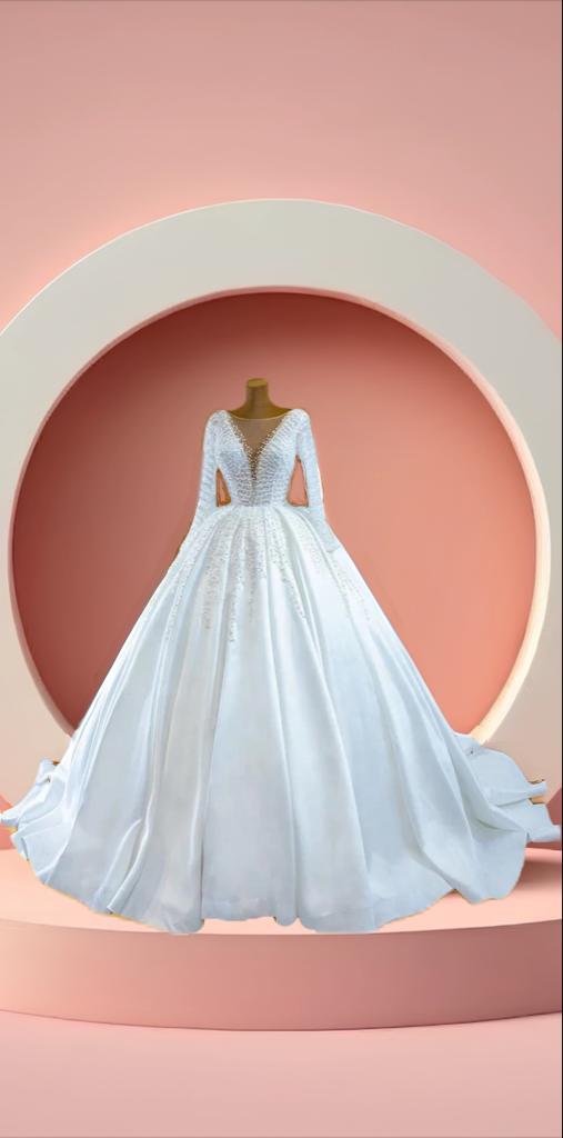 Elegant long sleeve satin pearls bridal gown