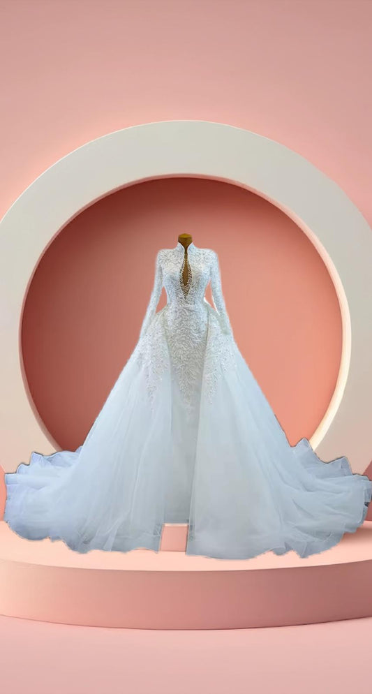 Elegant high neck muslim bridal gown