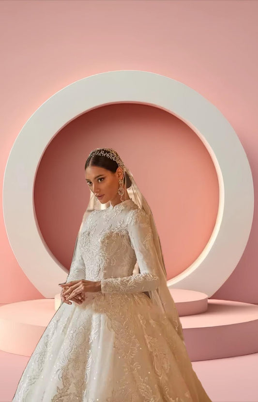 Elegant high neck muslim bridal gown