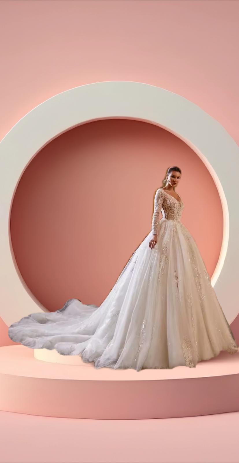 Elegant long train beaded bridal gown