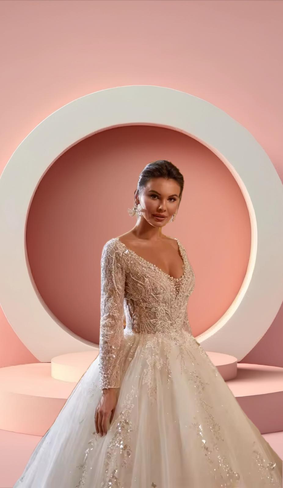 Elegant long train beaded bridal gown