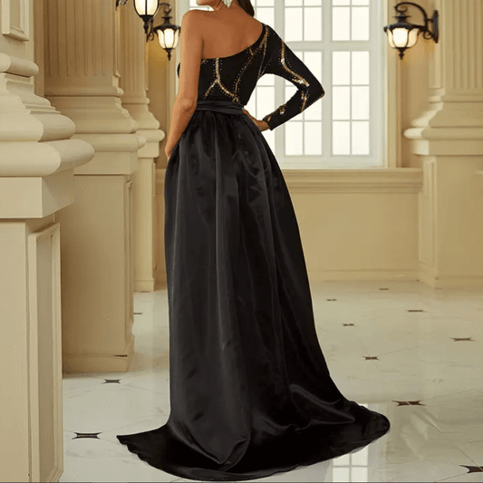 Mura Boutique Asymmetrical Sleeve Evening Gown with Geometric Detail