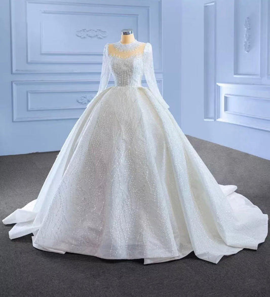 Mura Boutique Beaded Ball Gown Wedding Dress with Long Sleeves