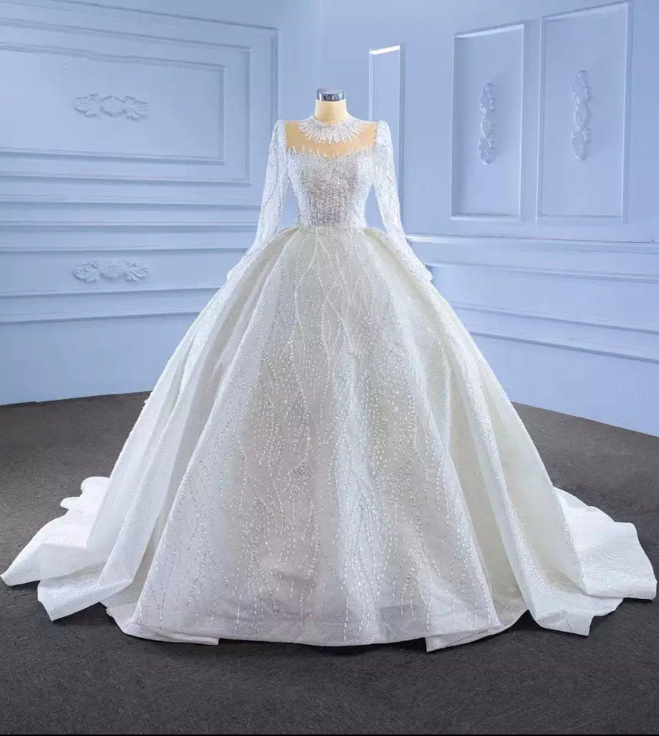 Mura Boutique Beaded Ball Gown Wedding Dress with Long Sleeves