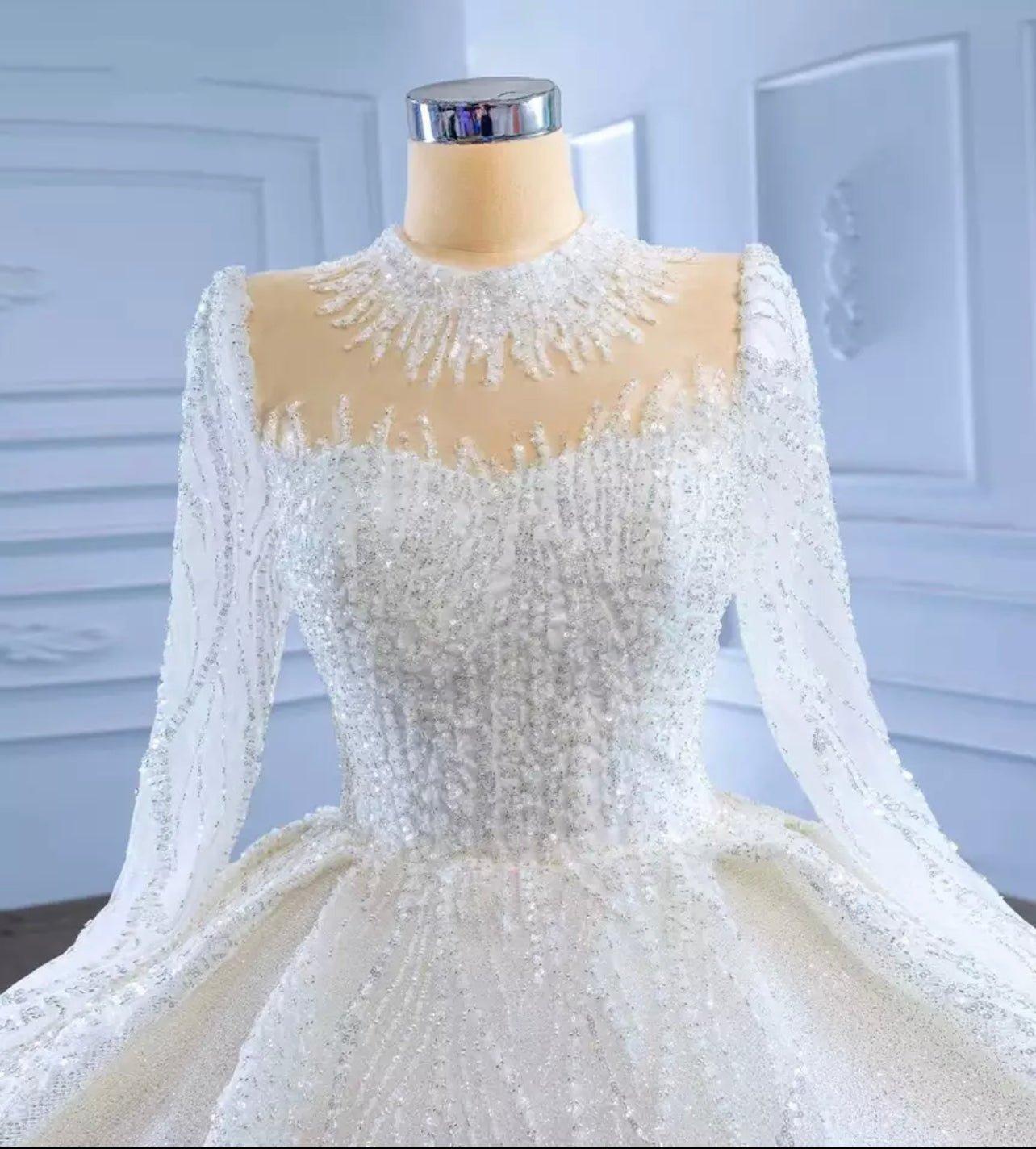 Mura Boutique Beaded Ball Gown Wedding Dress with Long Sleeves