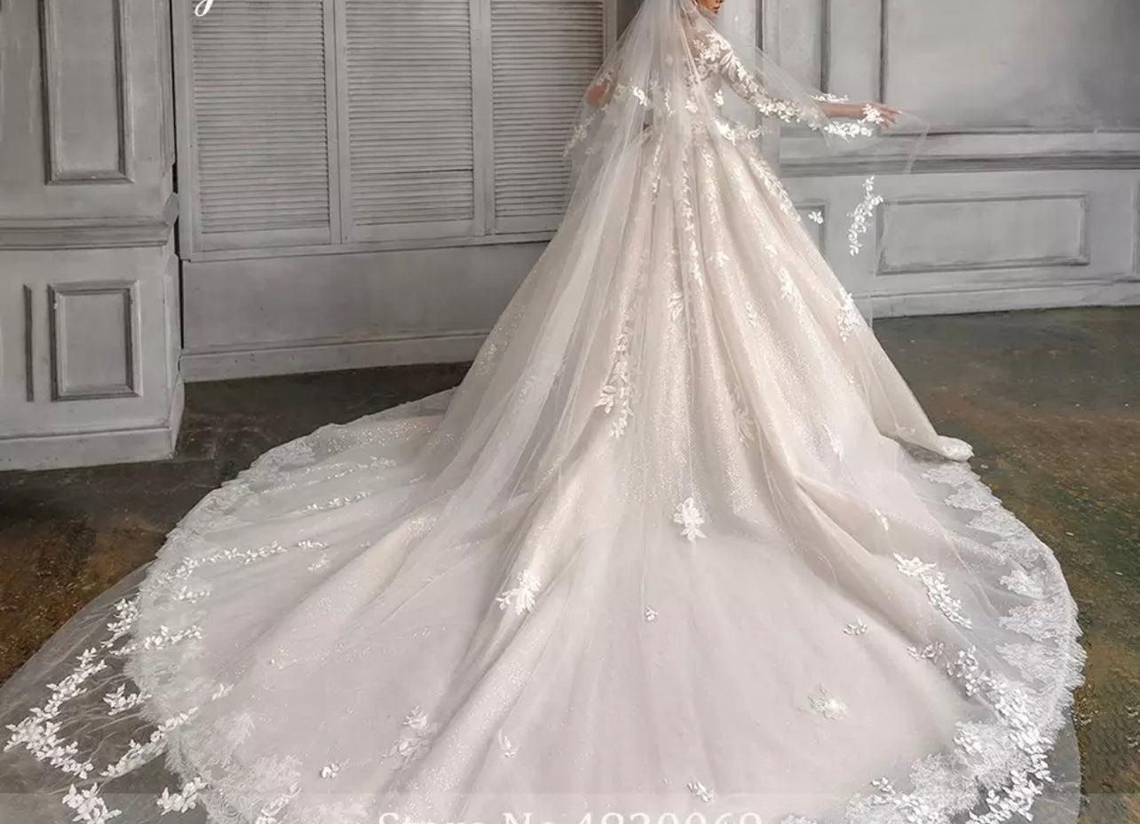 Mura Boutique Scoop Neck Long Sleeve Ball Gown Wedding Dress with Glitter Applique