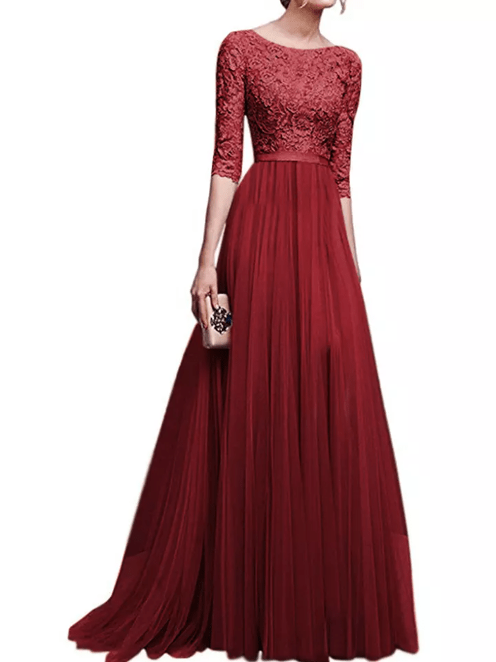 Mura Boutique Lace Mesh Evening Gown with Bateau Neckline and Three-Fourths Sleeves