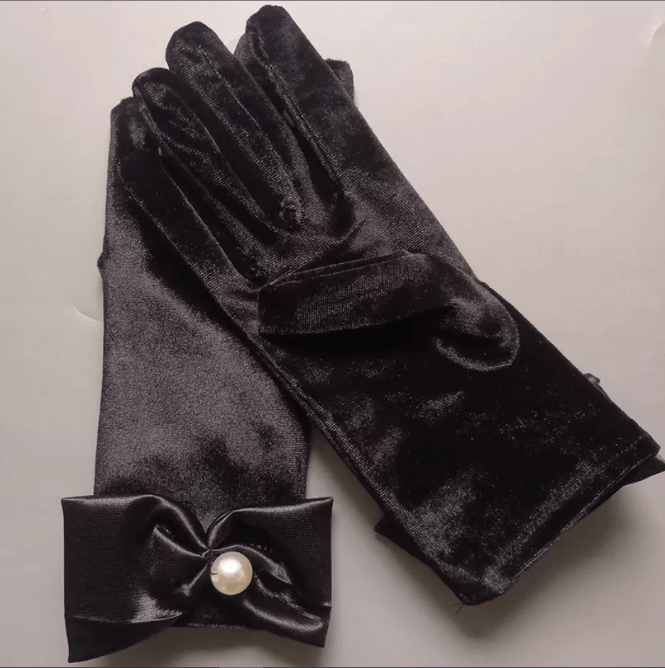 Black Velvet Ribbon Wedding Gloves with Faux Pearl Decor by Mura Boutique