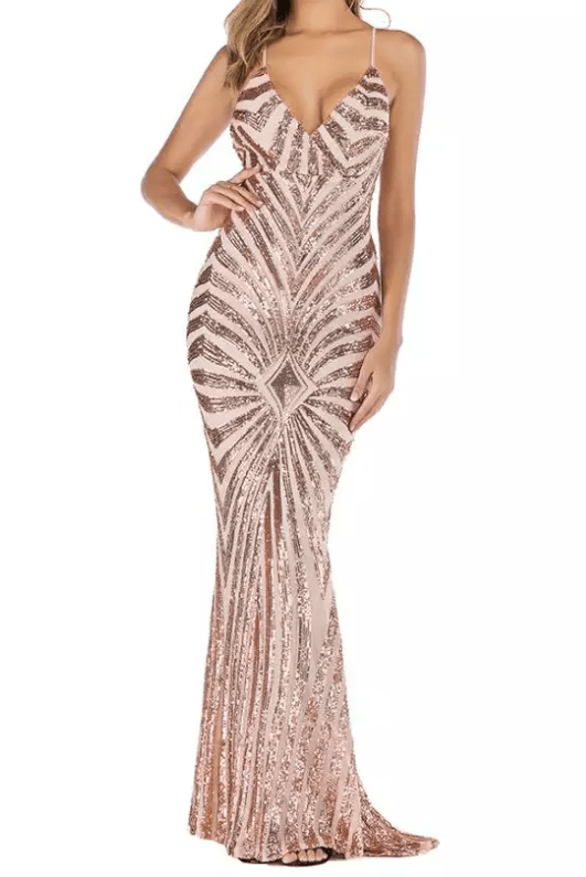 Mura Boutique Deep V-Neck Bodycon Sequin Evening Gown