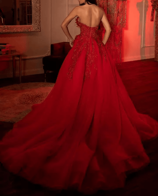 Mura Boutique Deep V-Neck Flower Detail Slit Evening Ball Gown