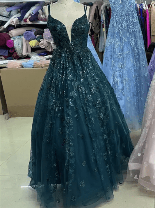 Mura Boutique Deep V Neck Glitter A-Line Evening Gown with Butterfly Embroidery