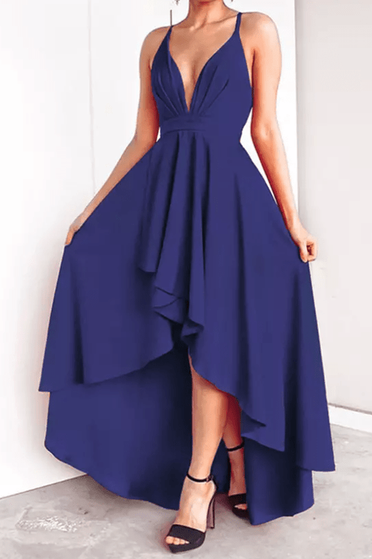 Mura Boutique Deep V-Neck High-Low Evening Gown