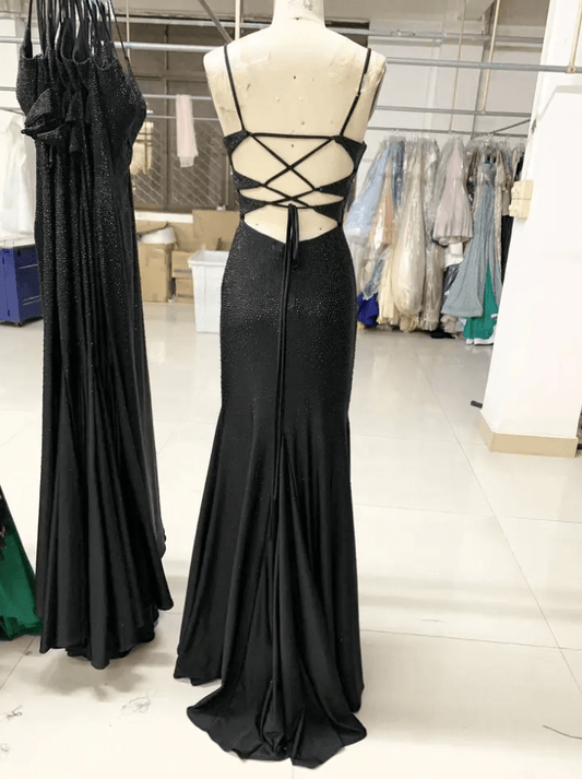 Mura Boutique Deep V Neck Satin Beaded Black Rhinestone Evening Gown