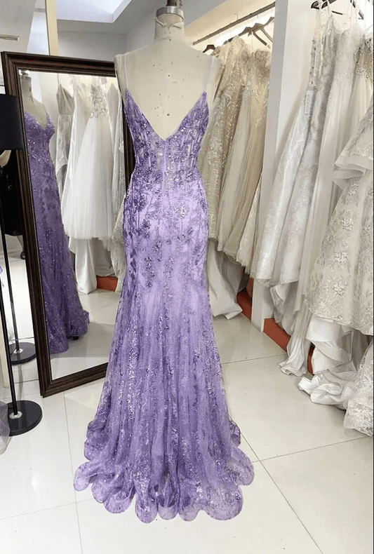 Deep V Neck Sequin Mermaid Evening Gown by Mura Boutique