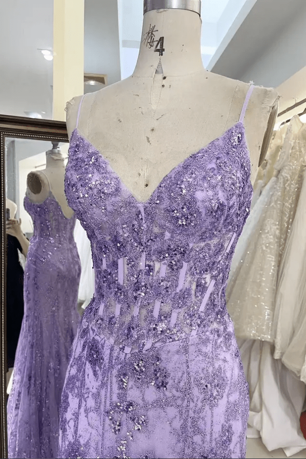 Deep V Neck Sequin Mermaid Evening Gown by Mura Boutique