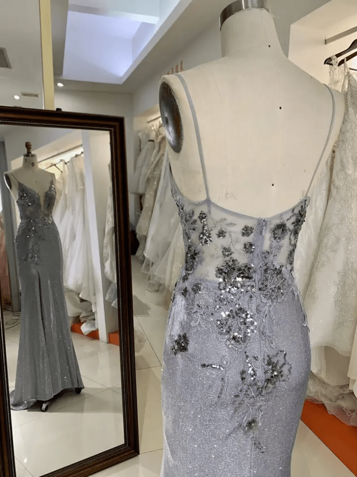 Mura Boutique Deep V Neck Sequin Evening Gown with Flower Detail