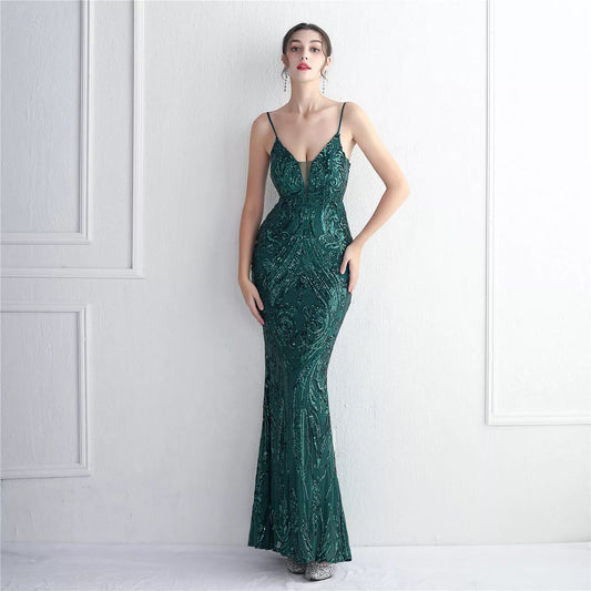 Mura Boutique Luxury Gold Crystal Mermaid Evening Dresses