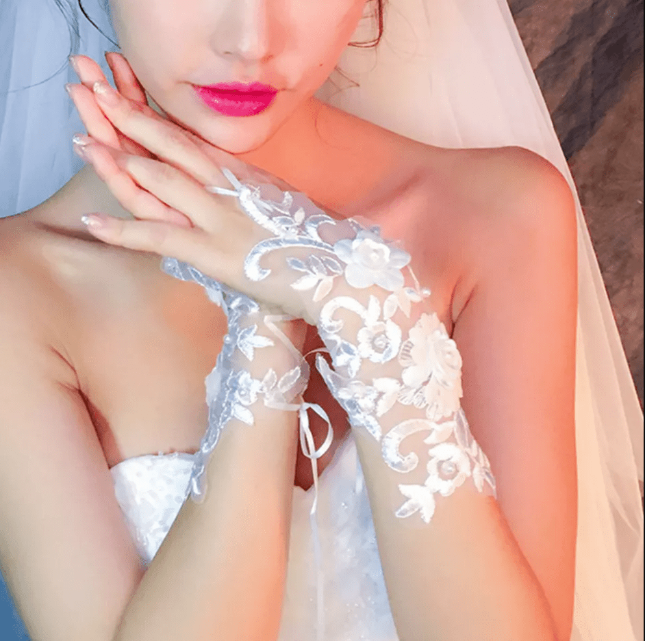 Floral Embroidery Fingerless Wedding Gloves by Mura Boutique