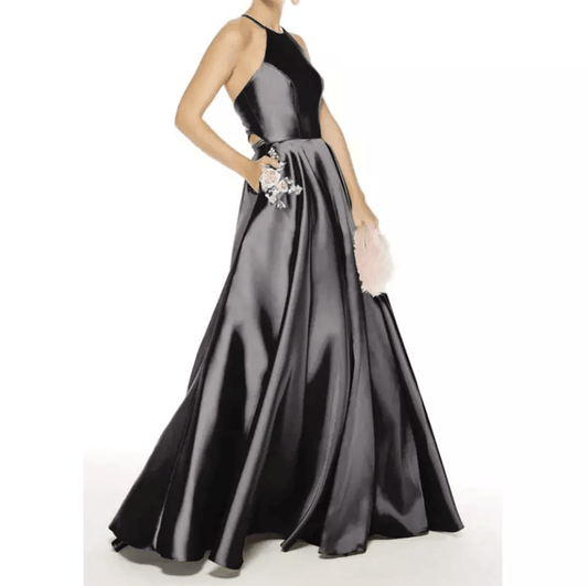 Mura Boutique Halter Satin Evening Gown with Side Pockets