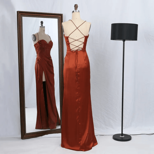 Mura Boutique Satin Evening Gown with Lace-Up Back and High Slit