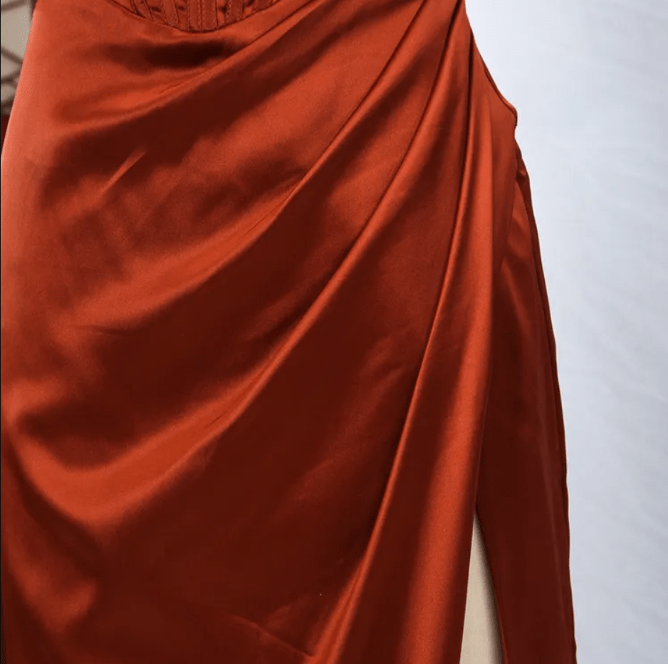 Mura Boutique Satin Evening Gown with Lace-Up Back and High Slit