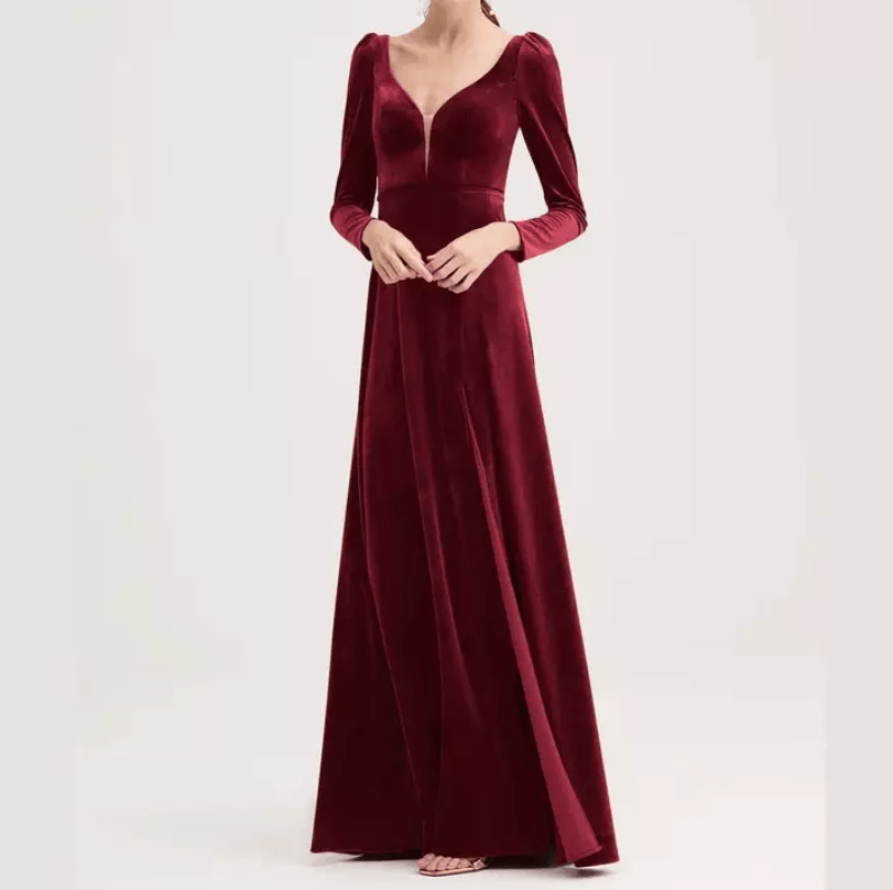 Mura Boutique Long Sleeve Velvet Evening Gown with Plunging Neckline and Slit
