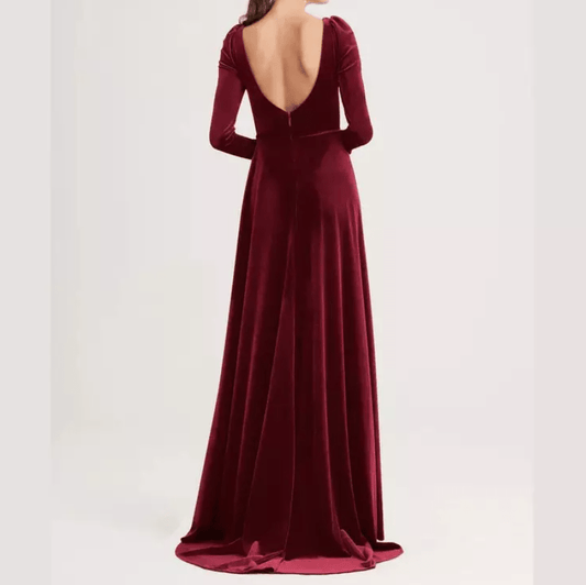 Mura Boutique Long Sleeve Velvet Evening Gown with Plunging Neckline and Slit