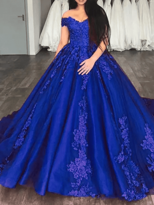 Off Shoulder Floral Embroidery Beaded Ball Evening Gown by Mura Boutique