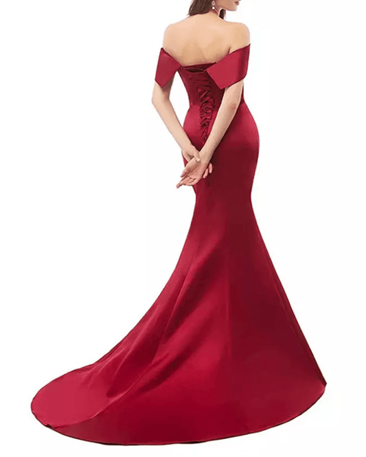 Off Shoulder Satin Mermaid Evening Gown by Mura Boutique