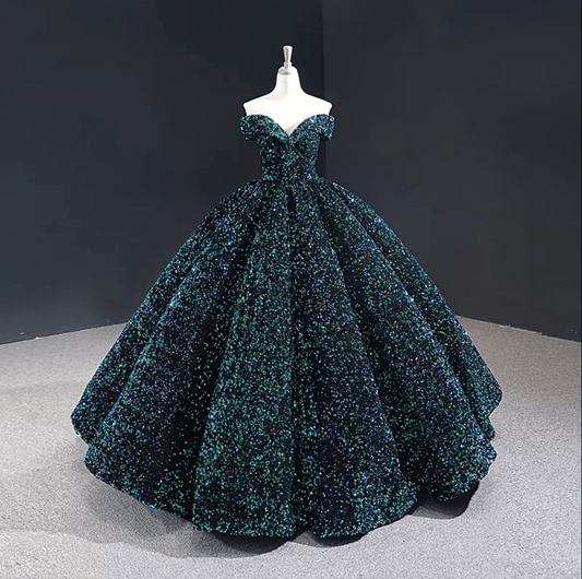 Off Shoulder Sequin Ball Evening Gown by Mura Boutique