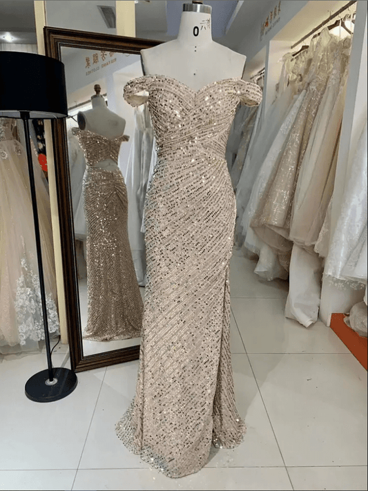 Off Shoulder Sequin Evening Gown with Front and Back Slits by Mura Boutique