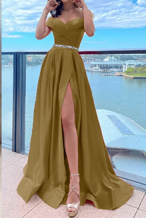 Mura Boutique Off Shoulder Slit Evening Gown