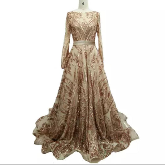 Mura Boutique Sparkle Sequined Long Sleeve A-Line Evening Gowns