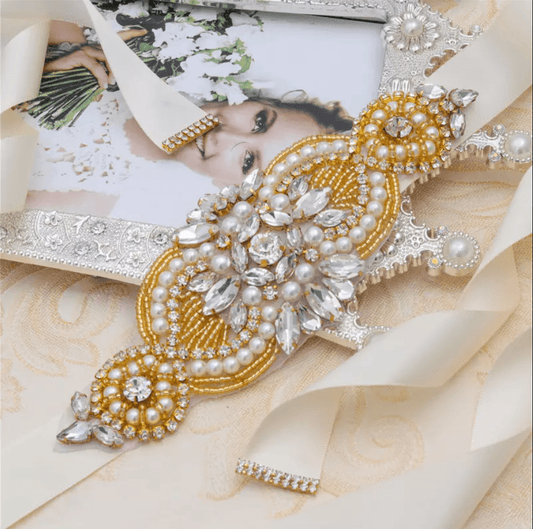 Pearl Crystal Bridal Belt with Rhinestone Applique by Mura Boutique
