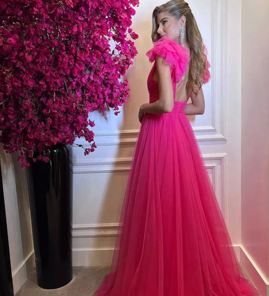 Mura Boutique Prom Evening Dresses with Cap Sleeves and V-Neck