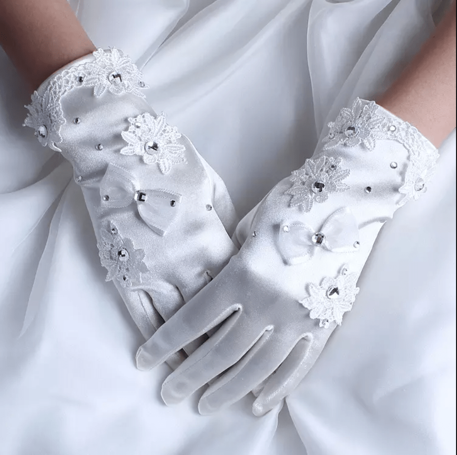 Rhinestone Decor Wrist-Length Wedding Gloves by Mura Boutique