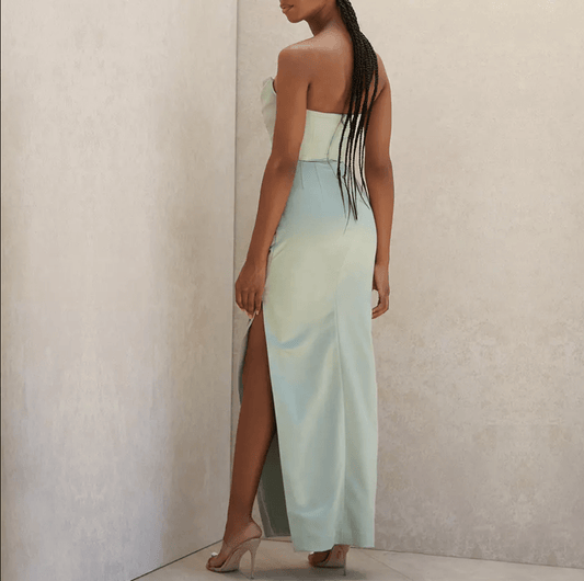 Mura Boutique Satin Evening Gown with Straight Across Split