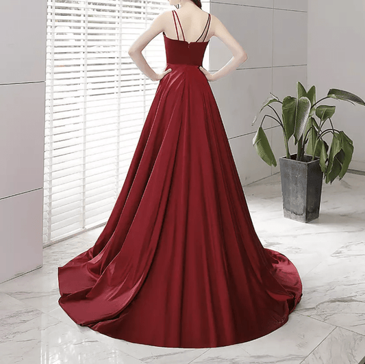 Silk V-Neck Evening Gown with Slit and Long Tail by Mura Boutique