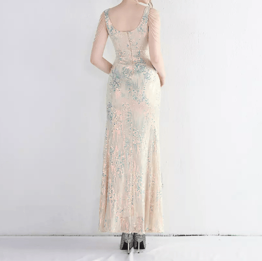 V-Neck Crystal Sleeve Slit Evening Gown by Mura Boutique