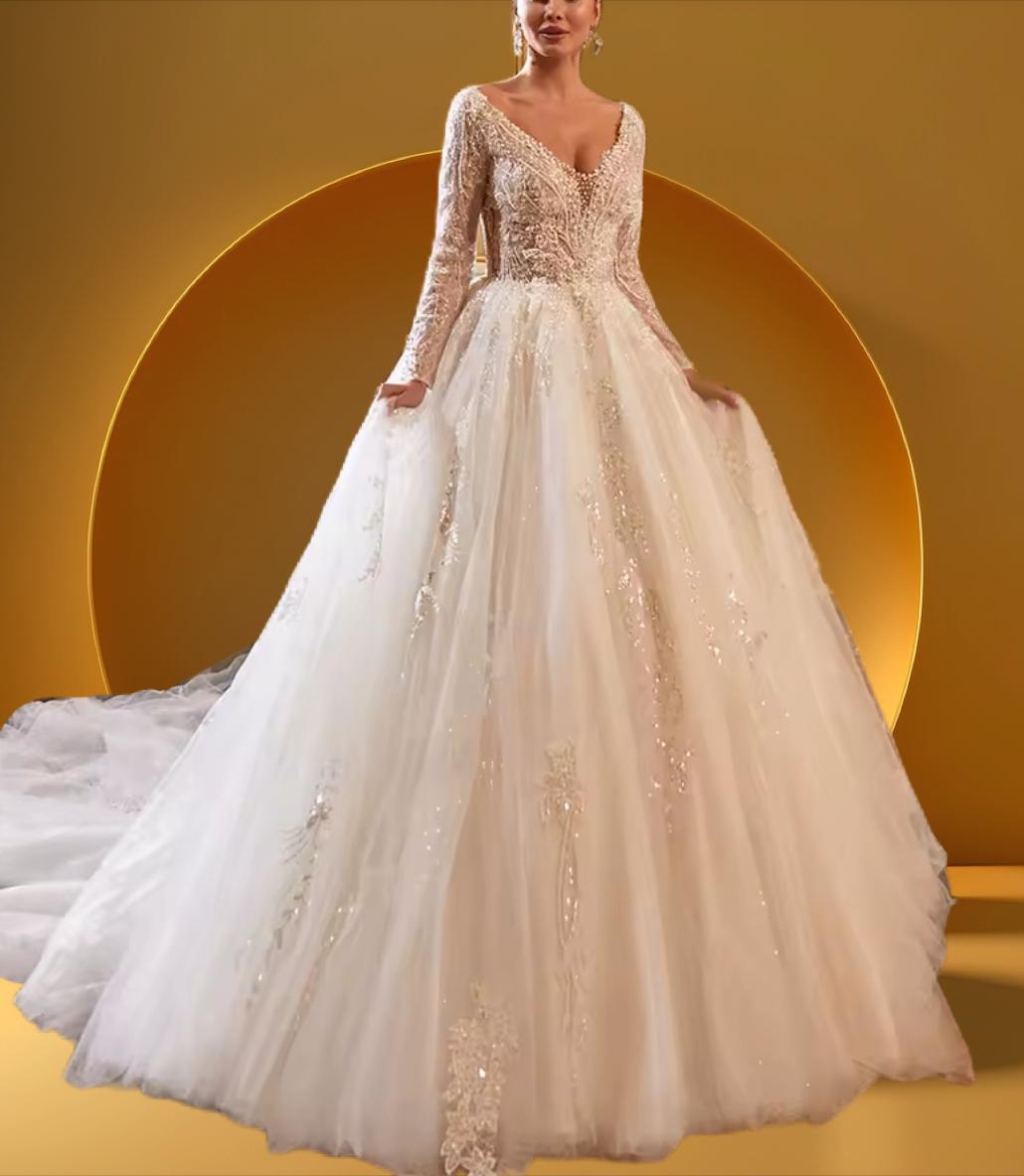 Elegant long train beaded bridal gown