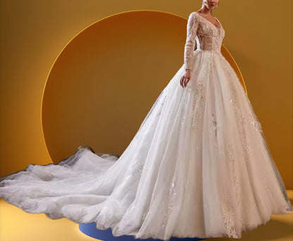 Elegant long train beaded bridal gown