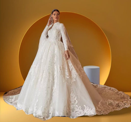 Elegant high neck muslim bridal gown
