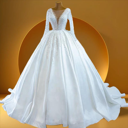 Elegant satin pearls bridal gowns