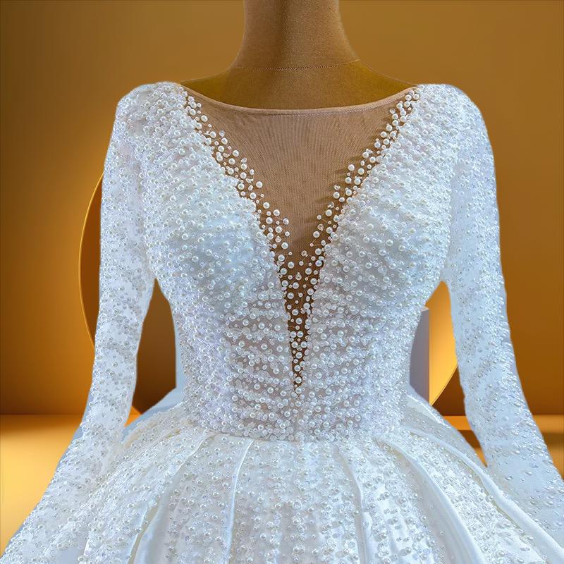Elegant satin pearls bridal gowns