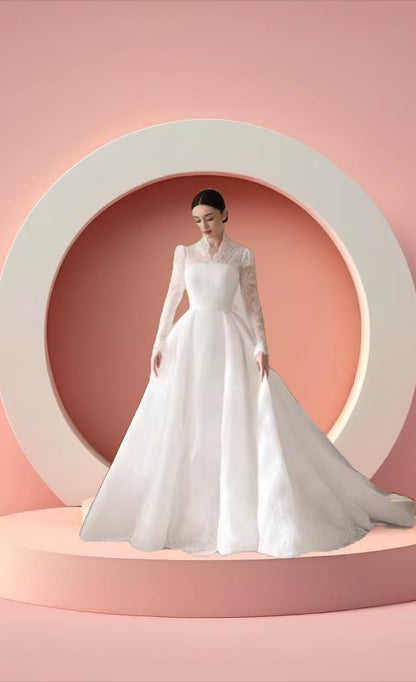Elegant high neck muslim bridal gown