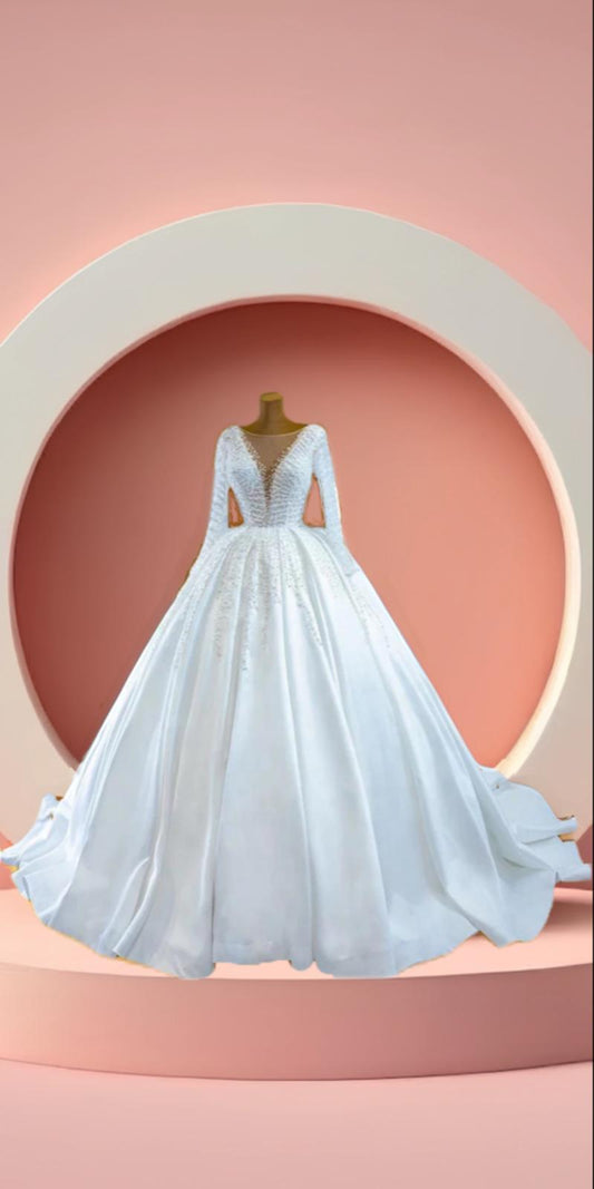 Elegant long sleeve satin pearls bridal gown